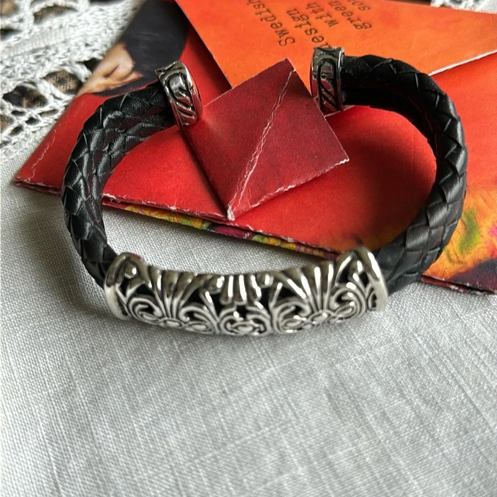 Vintage Sterling silver w/ leather cuff bracelet Joseph Esposito - Picture 1 of 7